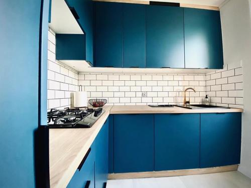 a blue kitchen with a stove and blue cabinets at Apartament Króla in Sandomierz