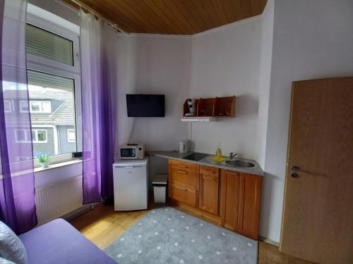 eine kleine Küche mit einer Spüle und einer Mikrowelle in der Unterkunft ELENA flat Lavendel Duisburg Zentrum in Duisburg