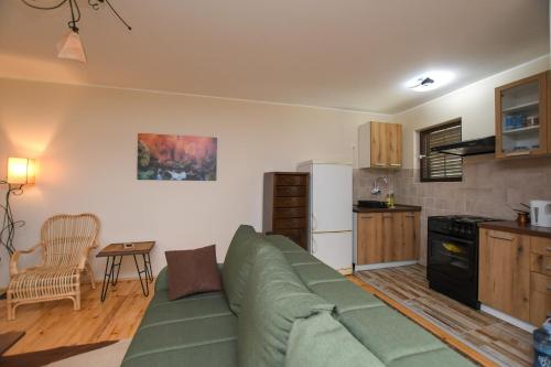 a living room with a green couch and a kitchen at Weekendaya in Kladovo