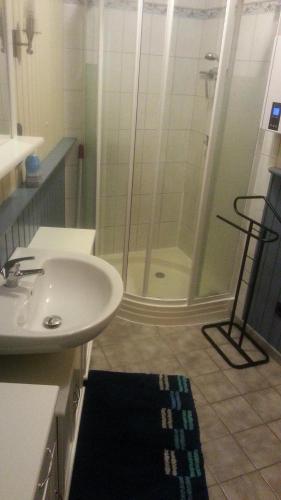 a bathroom with a shower and a sink and a sink at Haus Saskia in Wutha-Farnroda