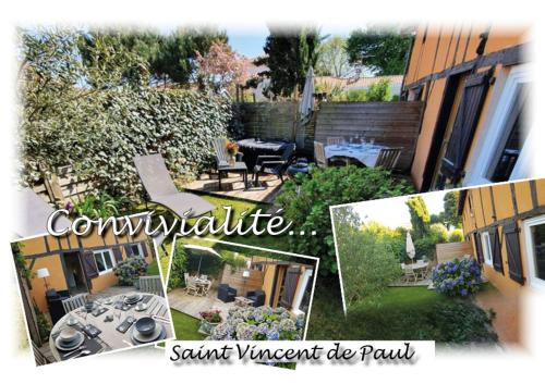 a collage of a backyard with a patio and a garden at Dax location maison avec spa in Saint-Vincent-de-Paul