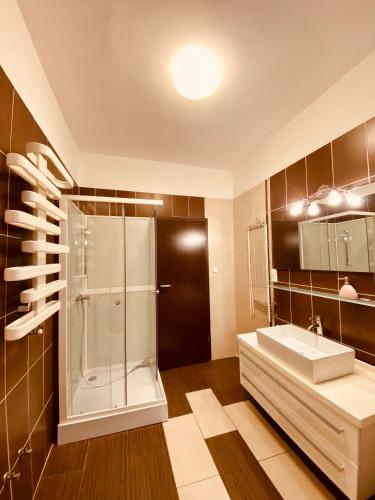 a bathroom with a shower and a sink at Sommer Panzió in Balatonföldvár