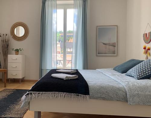 Un dormitorio con una cama grande y una ventana en Appartement LUNA avec parking couvert privé en Le Locle