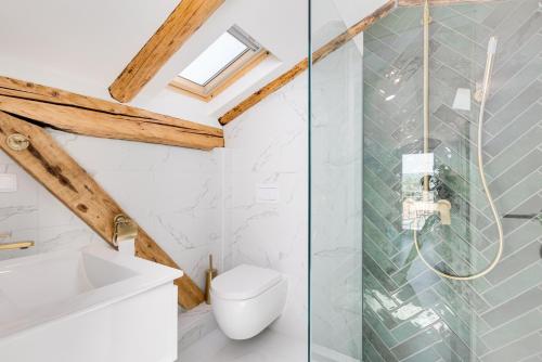 a bathroom with a toilet and a glass shower at Apartment Daisy in Vantačići
