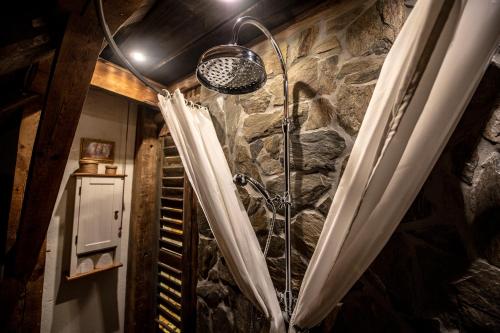 a shower in a room with a stone wall at Peter 7 in Görlitz