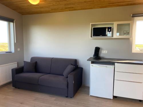 a living room with a couch and a microwave at Uxahryggur in Hvolsvöllur