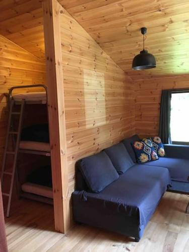 - une chambre avec un canapé et des lits superposés dans une cabine dans l'établissement Chalet Le Blij / Centre Station La Foux, à La Foux