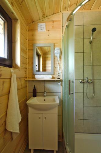 a bathroom with a sink and a shower at Domek w Biebrzańskim Eldorado in Dolistowo Stare