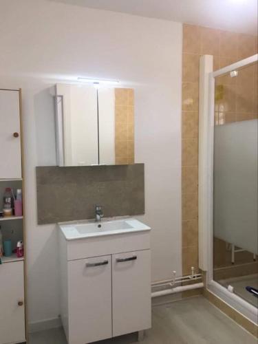 une salle de bain blanche avec un lavabo et une douche dans l'établissement Appartement T3 à la Seyne sur mer, à La Seyne-sur-Mer