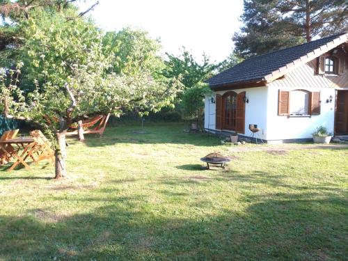 a house with a yard with a tree and a bench at Ferienhaus Kranichhorst - Exklusiv-Nutzung mit großem Garten und Strandnähe in Bodstedt