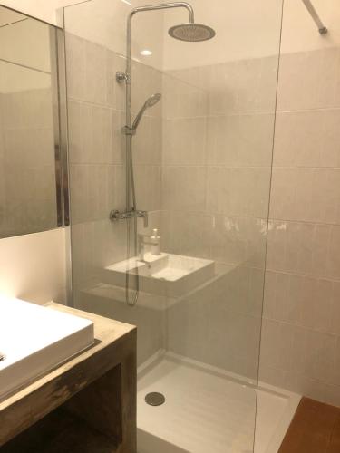 W łazience znajduje się szklana kabina prysznicowa i umywalka. w obiekcie Pedras d'el Rei, T0 renovado w mieście Santa Luzia