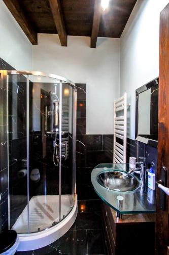 a bathroom with a glass shower and a sink at Casa Clarita in Caño