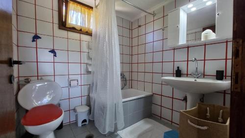 een badkamer met een toilet, een wastafel en een bad bij Sophia's cottage in Fourka