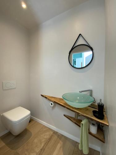 une salle de bain avec un lavabo et des toilettes dans l'établissement ARRADON 400m bourg, plages et port, à Arradon