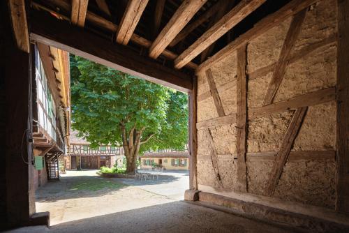 an open barn door with a tree in the background at Au Fil du Temps in Imbsheim
