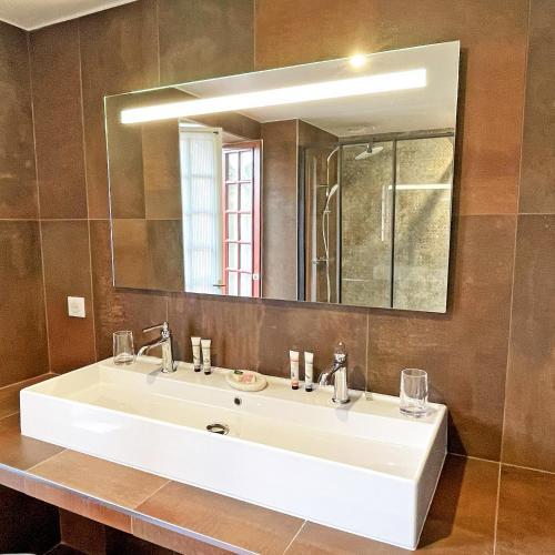 a bathroom with a white sink and a mirror at Moulin de Fourges in Fourges