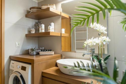 a bathroom with a sink and a washing machine at Green Acre Villa in Karteros