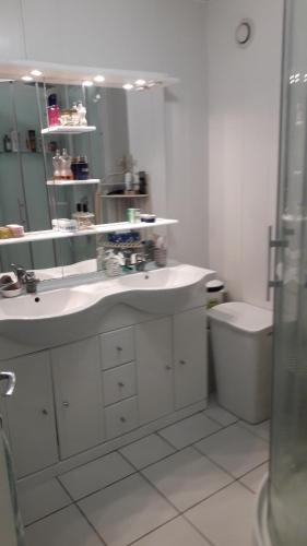 W łazience znajduje się umywalka, lustro i toaleta. w obiekcie Maison de Caractère Maryann56 w mieście Noyal-Muzillac