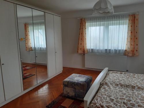 a bedroom with a bed and a glass shower at Ferienwohnung Haus Graf in Irdning