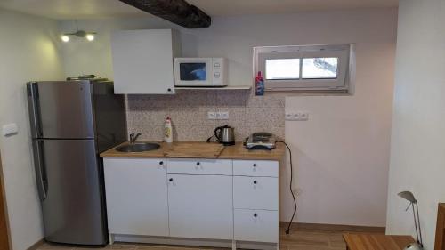 a kitchen with white cabinets and a refrigerator at Chalupa u rybníka Střehom in Dolní Bousov