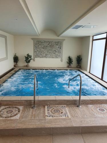 a large swimming pool with blue water in a room at Anette Resort & SPA in Covaci
