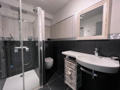 ein Bad mit einem Waschbecken, einer Dusche und einem WC in der Unterkunft Crystal 15 - 2 pieces centre in La Clusaz