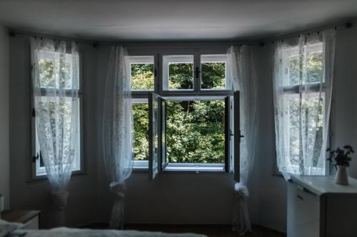 a room with three windows with white curtains at Spálený mlýn v Národním parku Podyjí in Znojmo