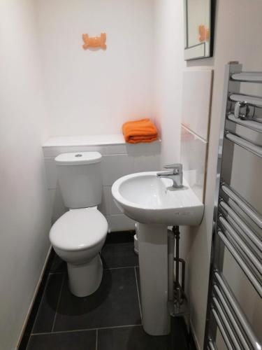 a white bathroom with a toilet and a sink at The Little Flat on the Corner in Cromer