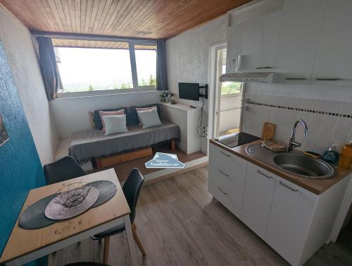 a small kitchen with a sink and a table at Résidence Terre de Haut in Super Besse