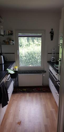 cocina con ventana y suelo de madera en gemütliches Ferienhaus in Seenähe, en Sewekow