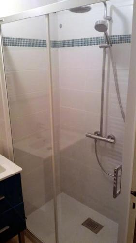 une douche avec une porte vitrée dans une salle de bain dans l'établissement Joli T2 à Plougastel Daoulas, à Plougastel-Daoulas