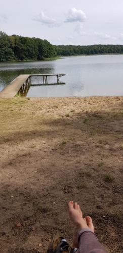 a person laying on the ground near a body of water at gemütliches Ferienhaus in Seenähe in Sewekow