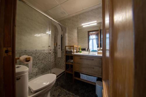 een badkamer met een toilet, een wastafel en een spiegel bij Cassola Del Priorat in Gratallops