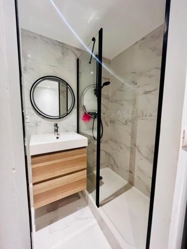 une salle de bain avec un lavabo et une douche dans l'établissement Studio ROMY les pieds dans l'eau 10 m de la mer, à La Seyne-sur-Mer