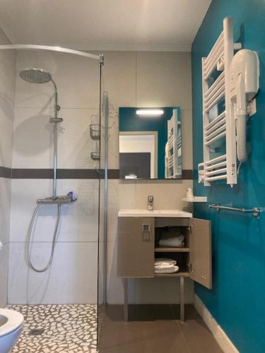 y baño con ducha, lavabo y aseo. en Hôtel L'Escale Périgueux Notre Dame en Notre-Dame-de-Sanilhac