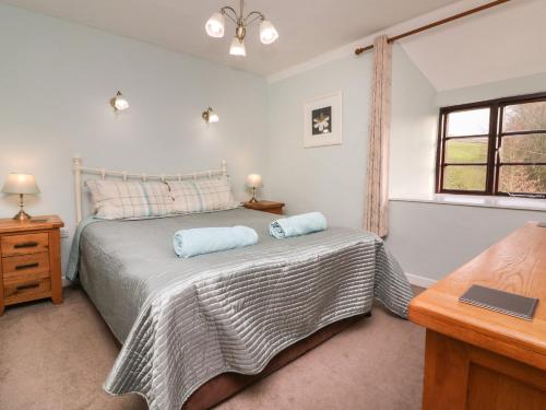 a bedroom with a bed with two blue pillows on it at Hedgehog Cottage in Minehead
