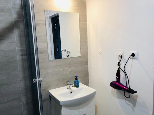 a bathroom with a sink and a shower with a mirror at Sea Power Horyzont Apartament 9 in Jastrzębia Góra