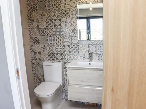 a bathroom with a toilet and a sink and a mirror at Sunset View Lodge in Fethard on Sea