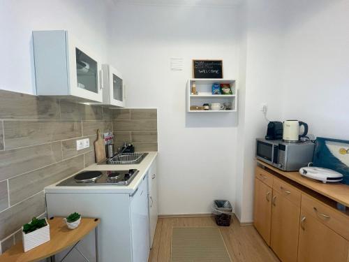 małą kuchnię z kuchenką i kuchenką mikrofalową w obiekcie Zoe Apartments No 6 , Hydra Island Greece w mieście Hydra
