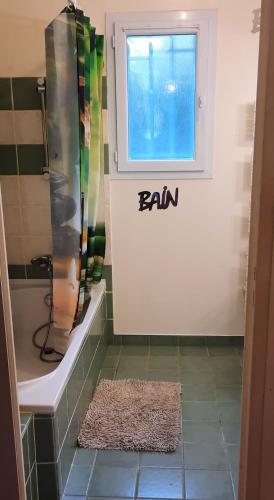 La salle de bains est pourvue d'une douche, d'une fenêtre et d'un tapis. dans l'établissement Jardin d'amis, à Collobrières