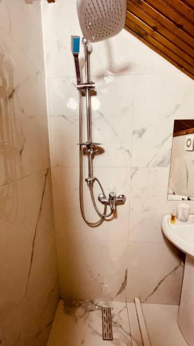 a bathroom with a shower and a sink at Hotel Drinos in Tirana