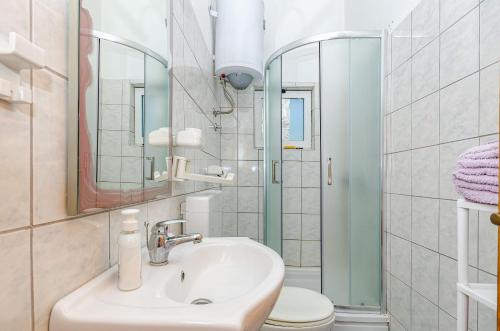 a bathroom with a sink and a toilet and a mirror at Apartments Oliver in Putniković