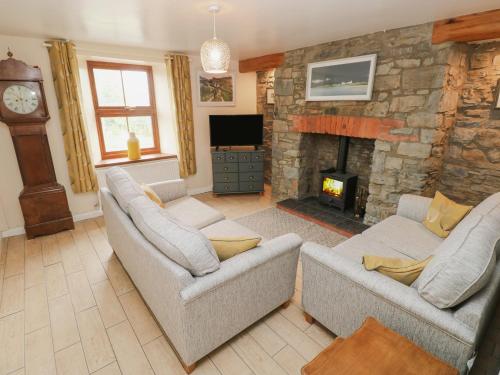 a living room with two couches and a fireplace at Brynawel in Carmarthen