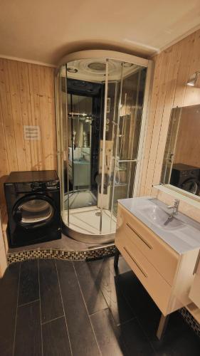 une salle de bain avec douche et lavabo dans l'établissement Piscine chauffée à débordement Au Cap de L'Esterel ! Entre Théoule et Saint-Raphaël, au Trayas