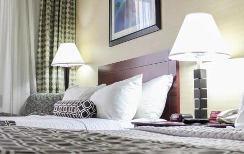 a hotel room with a bed with two lamps and a phone at Crowne Plaza Cleveland Airport, an IHG Hotel in Middleburg Heights