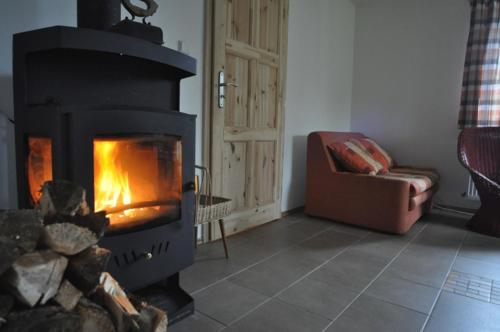 a fireplace in a living room with a couch at Chalupa U Effoucha in Lipno nad Vltavou