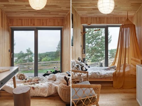 two pictures of a bedroom with a bed and a window at domki w lesie Gdańsk 35 km in Bożepole Królewskie