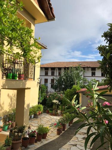 a courtyard of a building with potted plants at Villa Garden in Berat