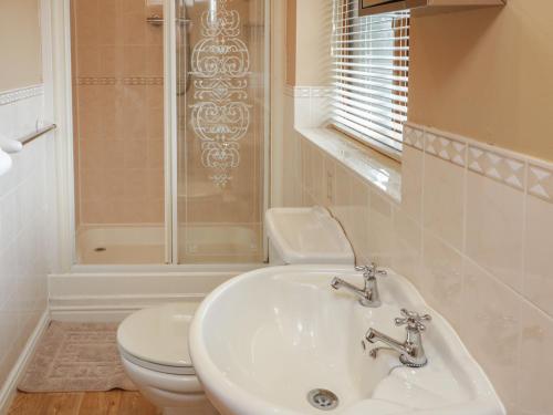 a bathroom with a sink and a toilet and a shower at Bryn Elsi in Betws-y-coed