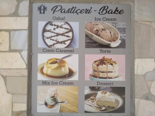 a collage of pictures of desserts on a wall at Guest House Bake in Gjirokastër